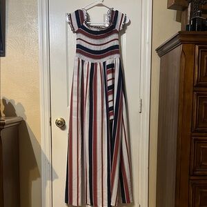 J for Justify navy and rust orange Striped High short romper with dress overlay